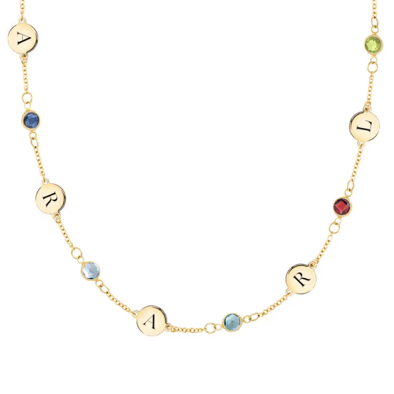 Personalized Classic 5 Letter & 5 Birthstone Necklace in 14k Gold (Single Spacing) sold by Haverhill
