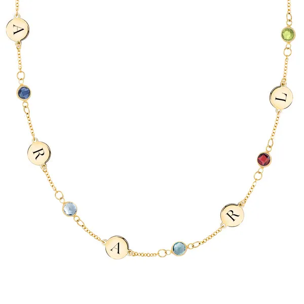 Personalized Classic 5 Letter & 5 Birthstone Necklace in 14k Gold (Single Spacing) sold by Haverhill