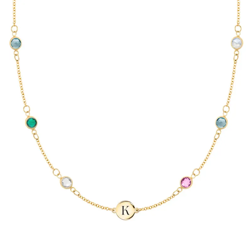 Personalized Classic 1 Letter & 6 Birthstone Necklace in 14k Gold (Double Spacing) sold by Haverhill