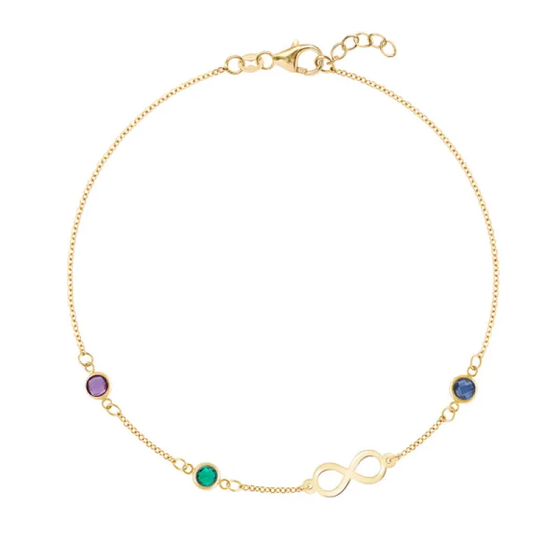 Personalized Classic Infinity & 3 Birthstone Bracelet in 14k Gold sold by Haverhill