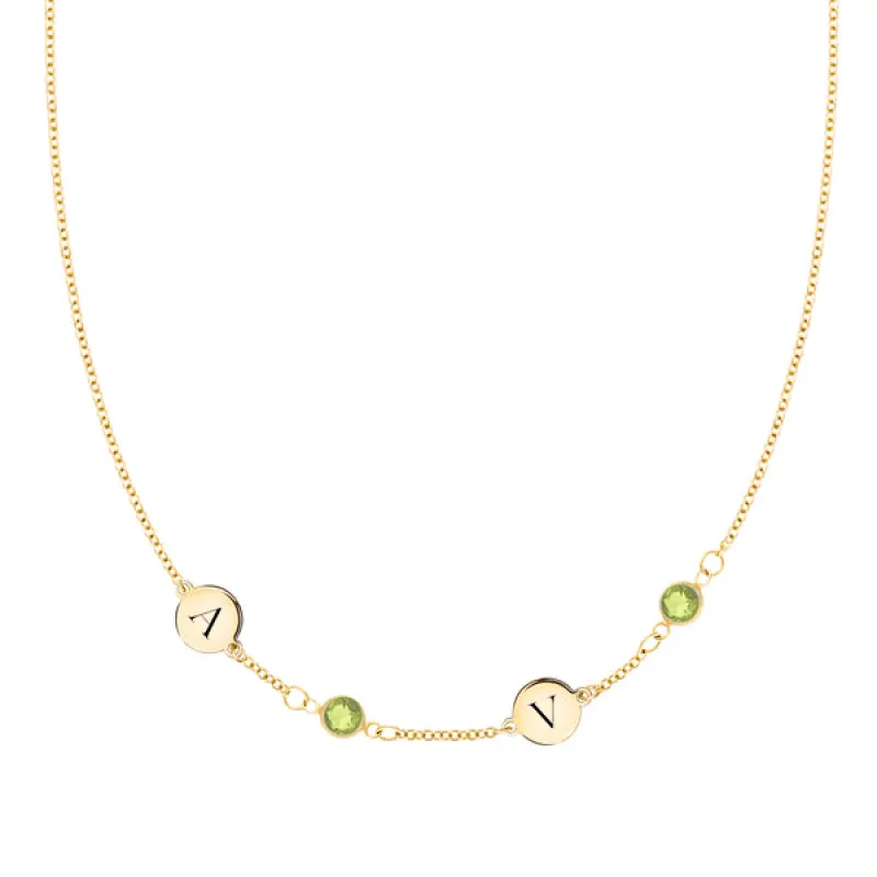 Personalized Classic 2 Letter & 2 Birthstone Necklace in 14k Gold (Single Spacing) sold by Haverhill
