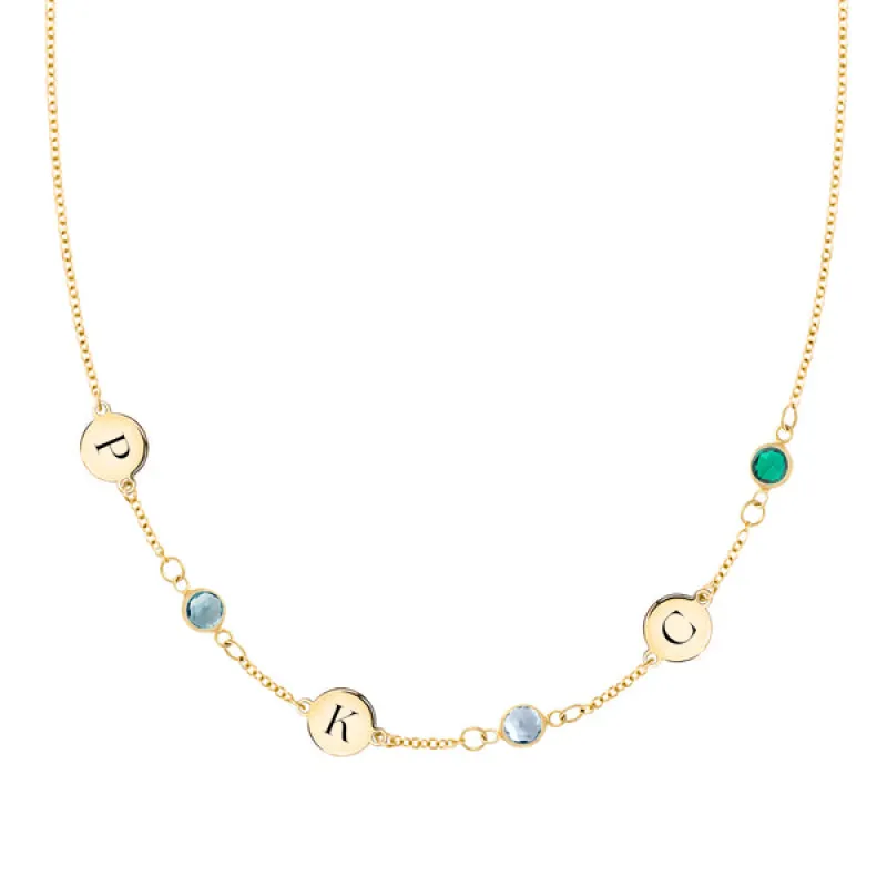 Personalized 3 Letter & 3 Classic Birthstone Necklace in 14k Gold (Single Spacing) sold by Haverhill