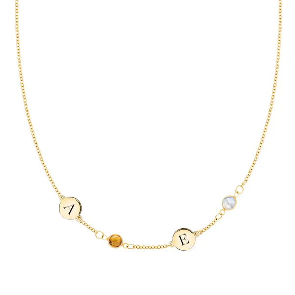 Personalized Classic 2 Letter & 2 Birthstone Necklace in 14k Gold (Single Spacing) sold by Haverhill