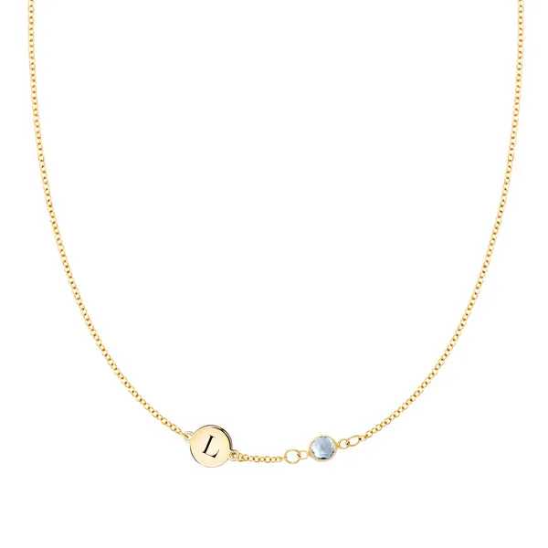 Personalized Classic 1 Letter & 1 Birthstone Necklace in 14k Gold (Single Spacing) sold by Haverhill