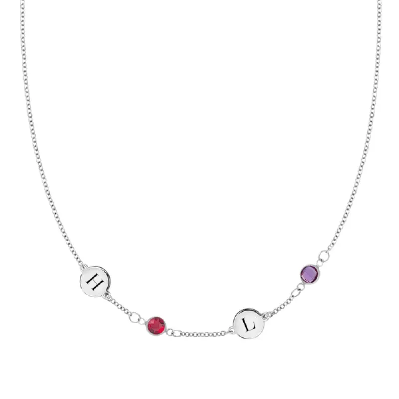 Personalized Classic 2 Letter & 2 Birthstone Necklace in 14k Gold (Single Spacing) sold by Haverhill