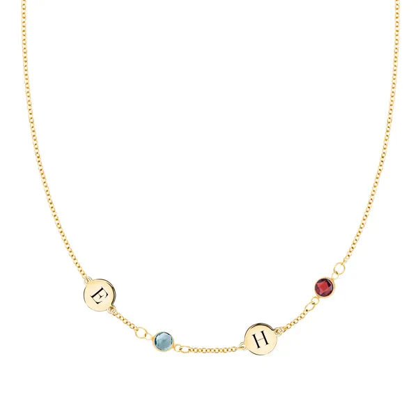 Personalized Classic 2 Letter & 2 Birthstone Necklace in 14k Gold (Single Spacing) sold by Haverhill