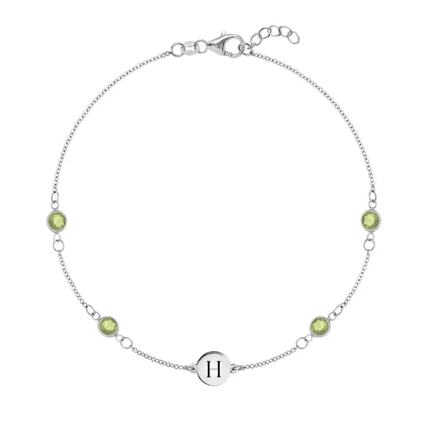 Personalized Classic 1 Letter & 4 Peridot Bracelet in 14k Gold (August) sold by Haverhill