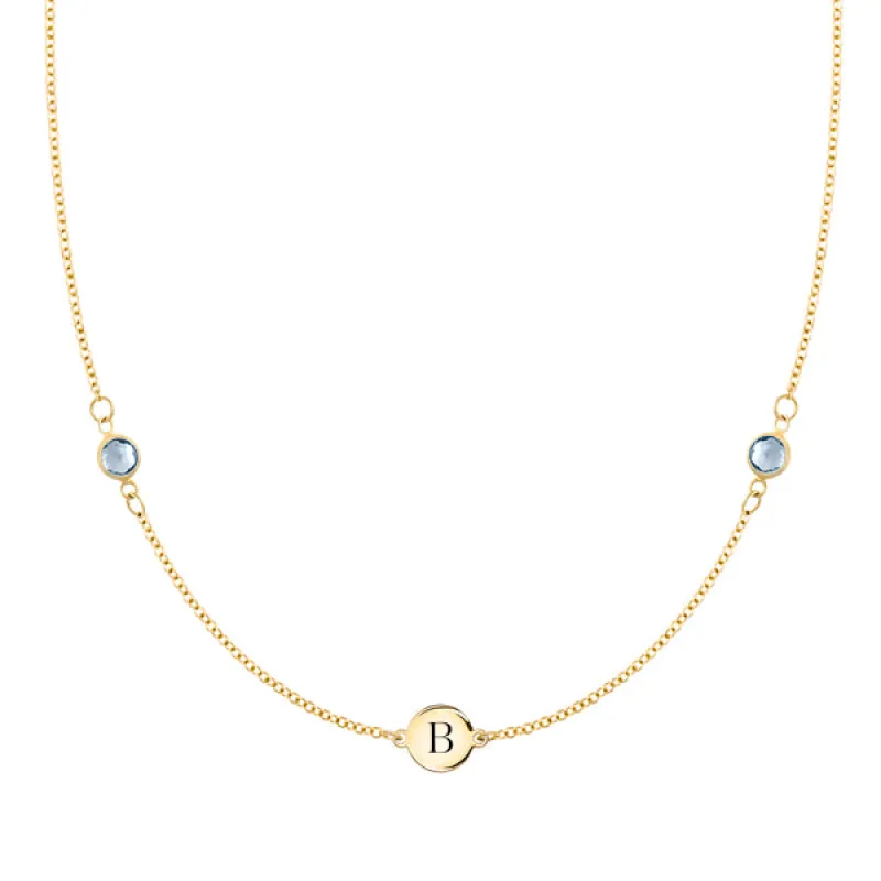 Personalized Classic 1 Letter & 2 Birthstone Necklace in 14k Gold sold by Haverhill