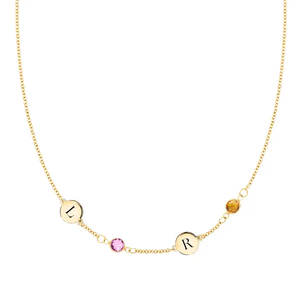 Personalized 2 Letter & 2 Classic Birthstone Necklace in 14k Gold (Single Spacing) sold by Haverhill