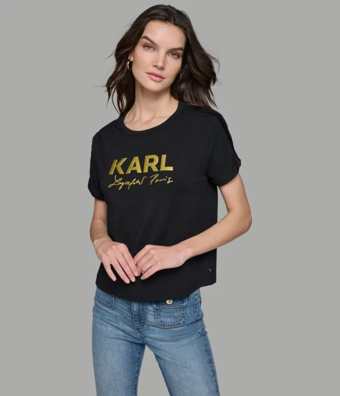 RUCHED SHORT SLEEVE LOGO TEE sold by Karl Lagerfeld Paris