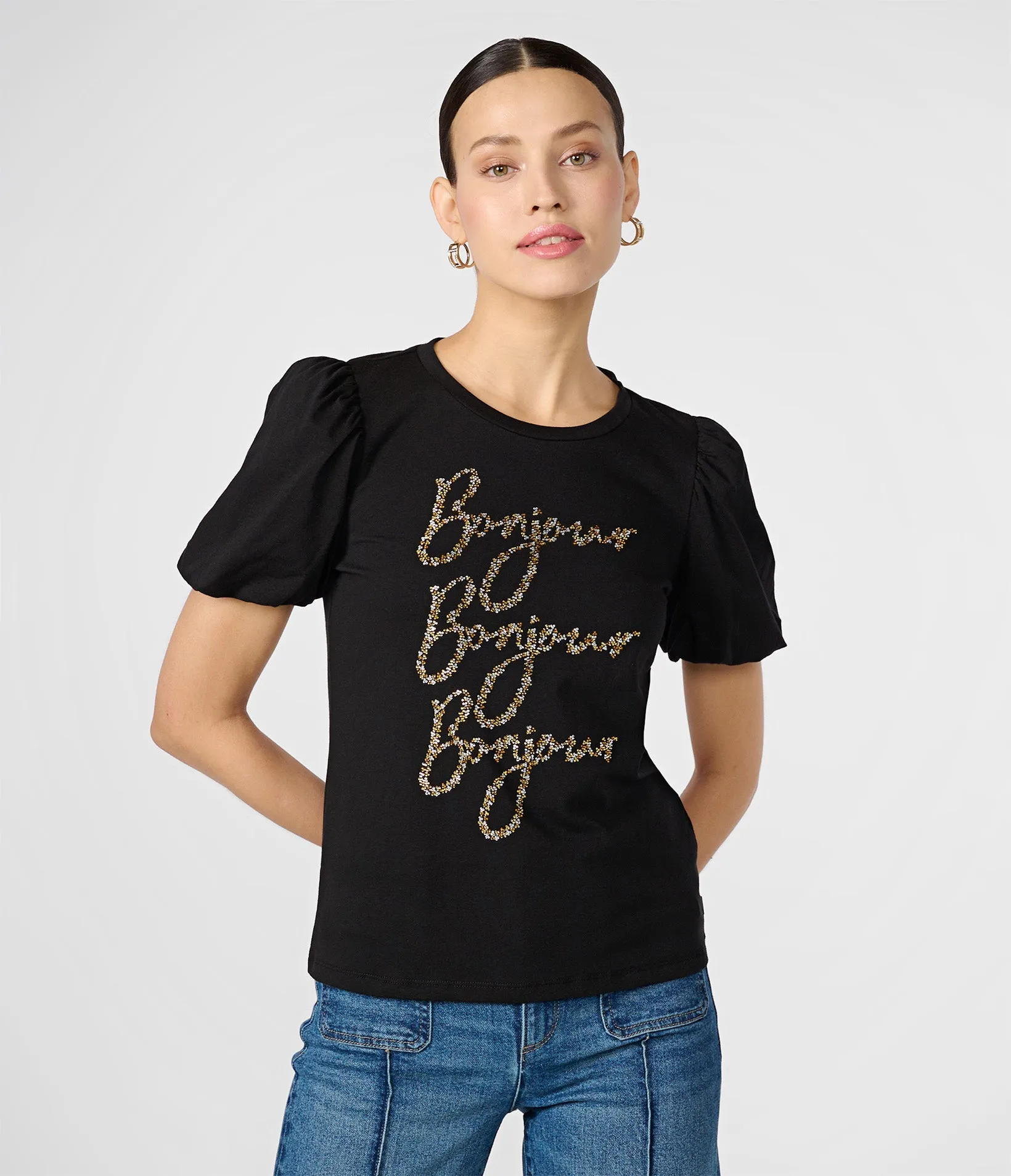 PUFF SLEEVE SEQUIN BONJOUR TEE sold by Karl Lagerfeld Paris