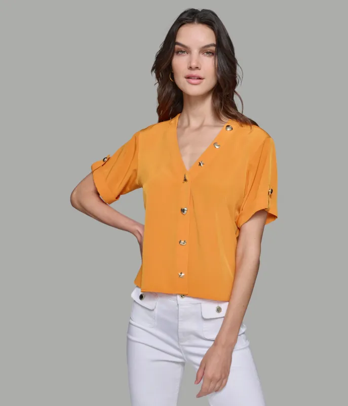 SHORT SLEEVE WHIMSY BUTTON TOP sold by Karl Lagerfeld Paris