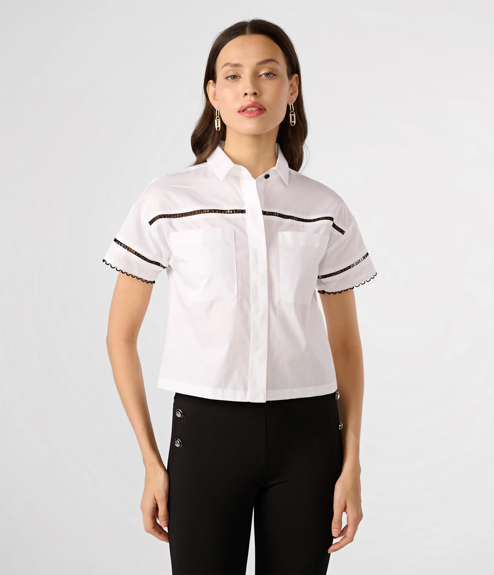 LOGO LACE TRIM CROPPED WHITE SHIRT sold by Karl Lagerfeld Paris