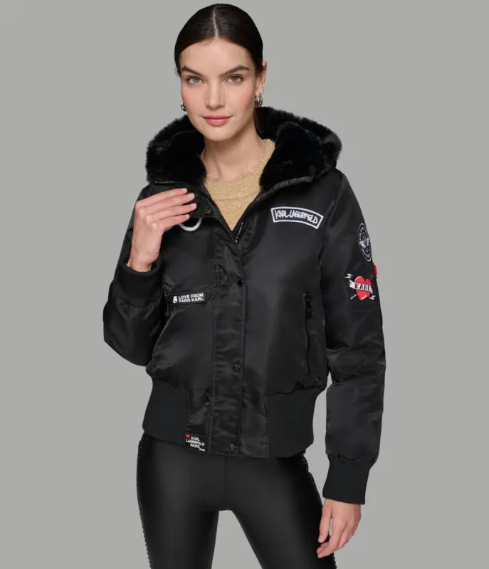 LOGO PATCH HOODED BOMBER JACKET sold by Karl Lagerfeld Paris