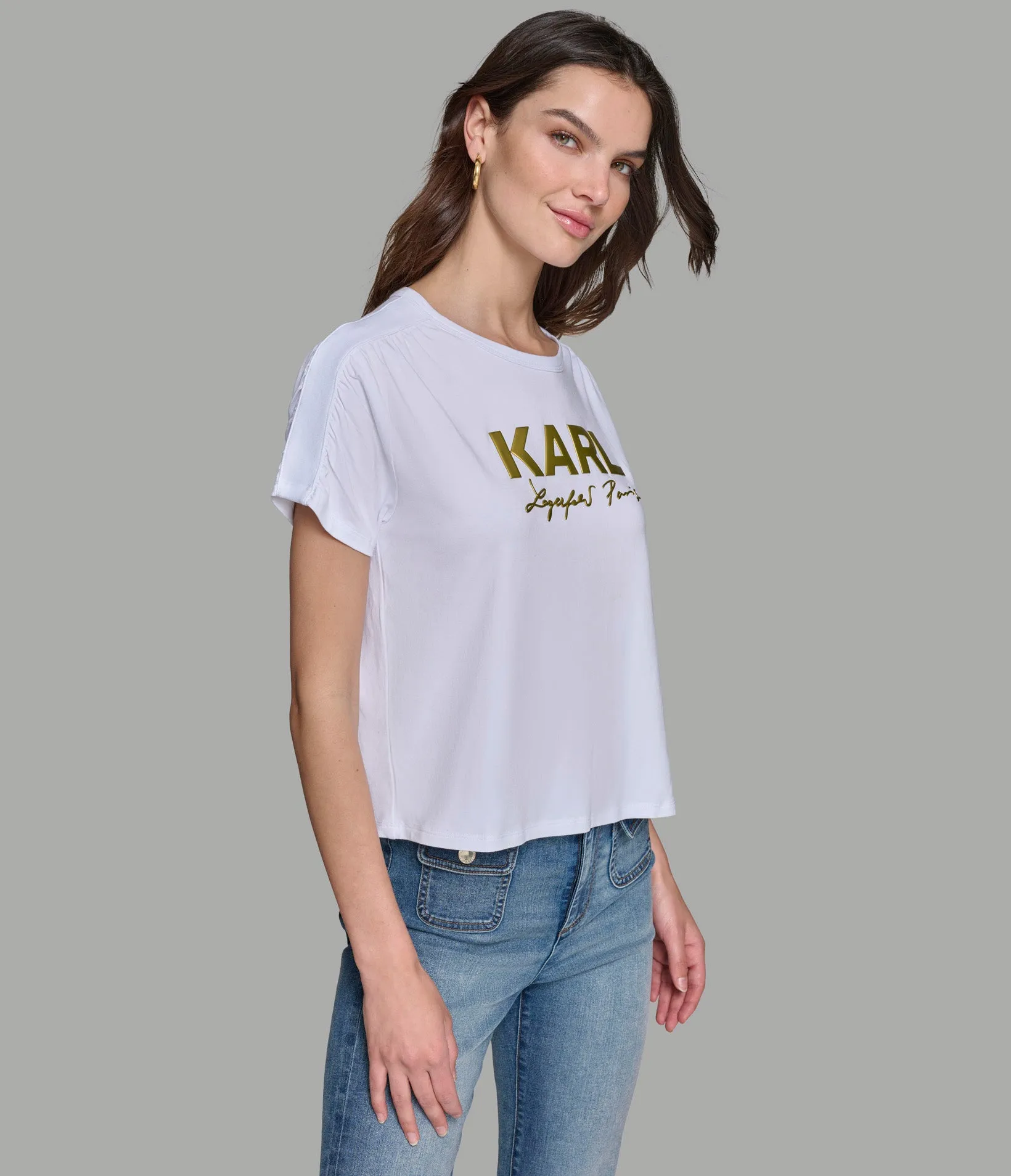 RUCHED SHORT SLEEVE LOGO TEE sold by Karl Lagerfeld Paris product image thumbnail 3