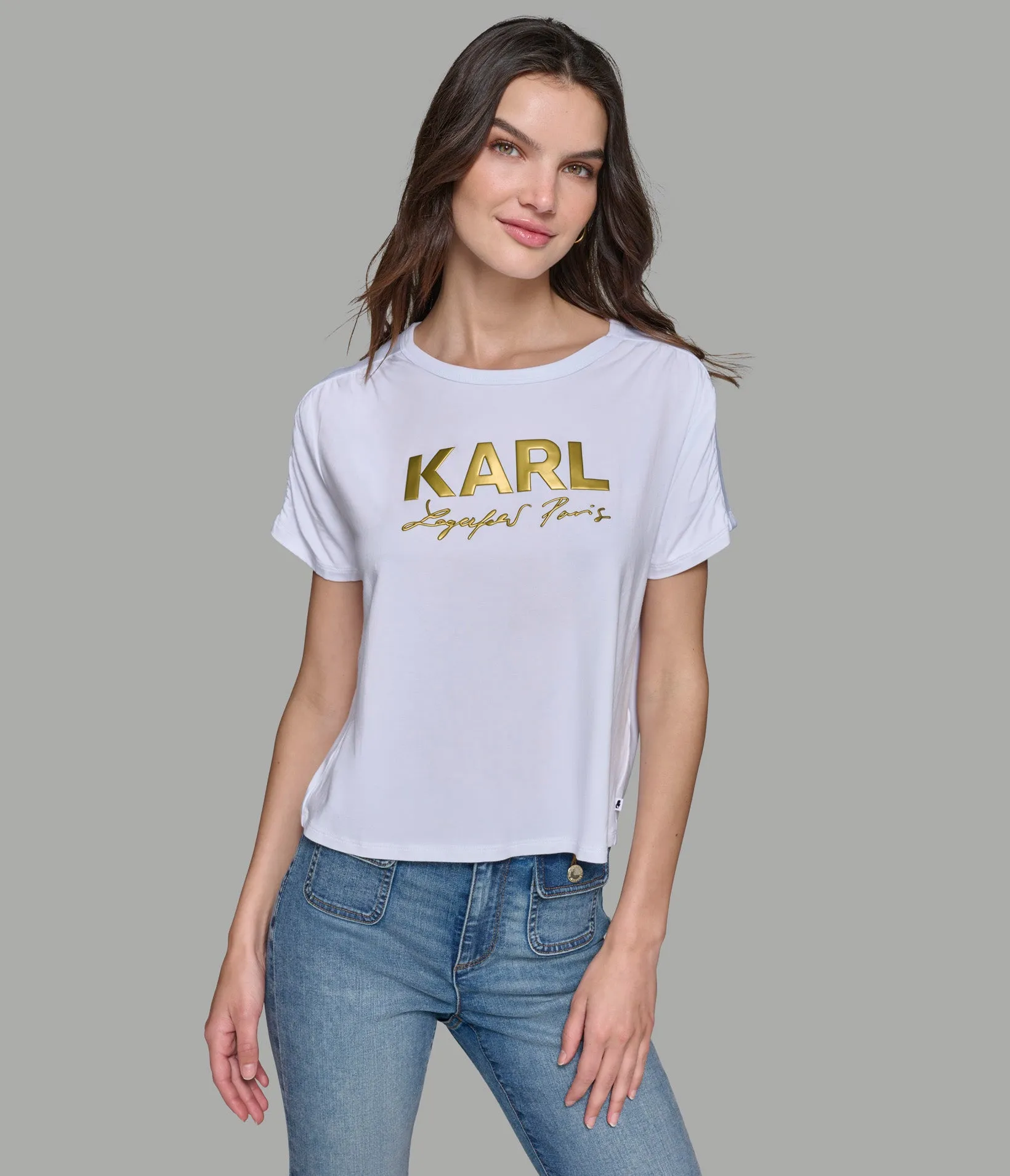 RUCHED SHORT SLEEVE LOGO TEE sold by Karl Lagerfeld Paris