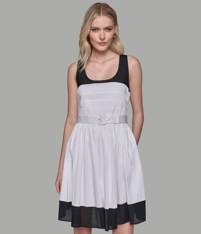 SLEEVELESS COLORBLOCK BELTED FIT & FLARE MINI DRESS sold by Karl Lagerfeld Paris