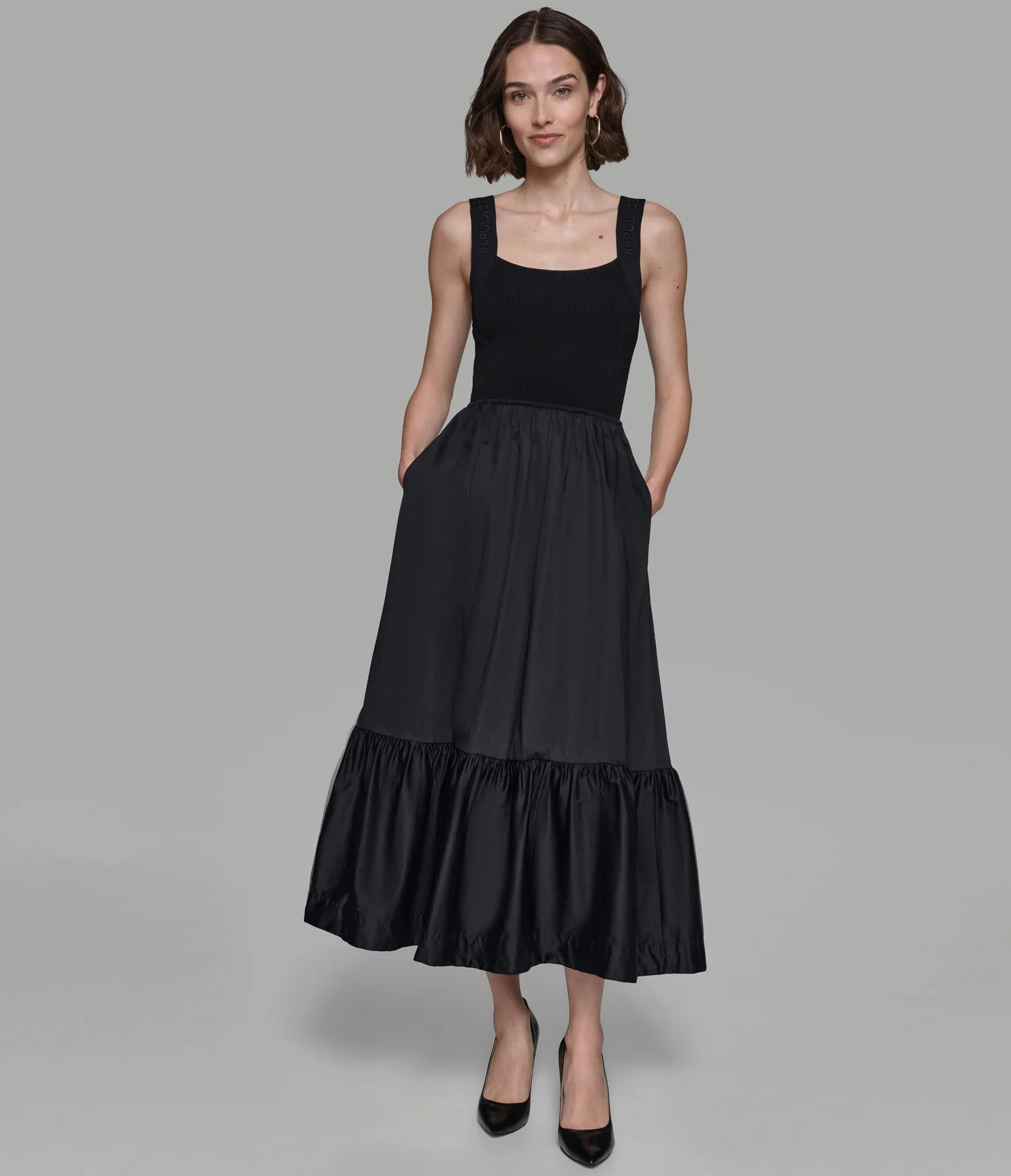SLEEVELESS MIXED MEDIA MAXI DRESS sold by Karl Lagerfeld Paris