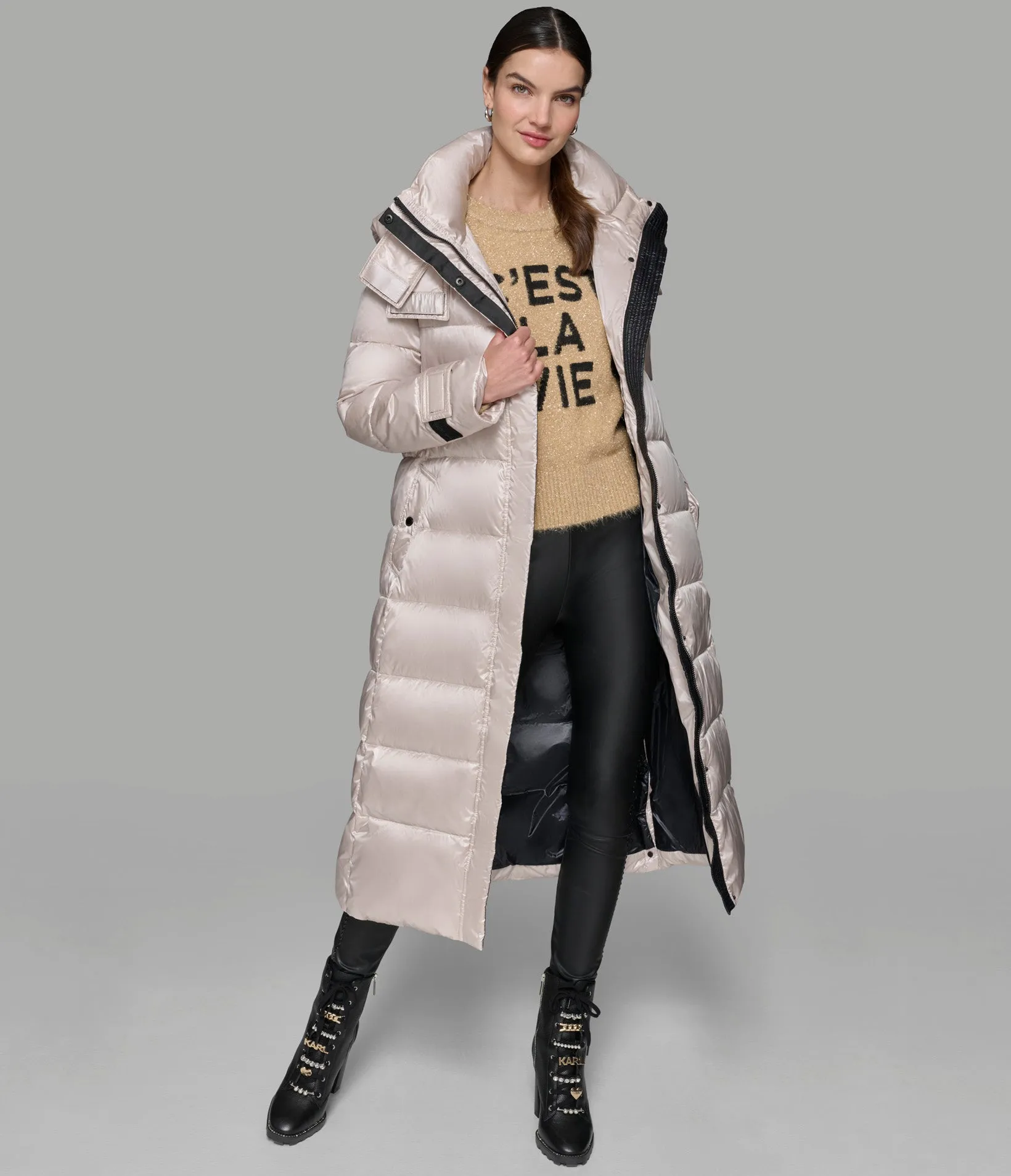 CONTRAST MAXI BELTED LONG PUFFER sold by Karl Lagerfeld Paris