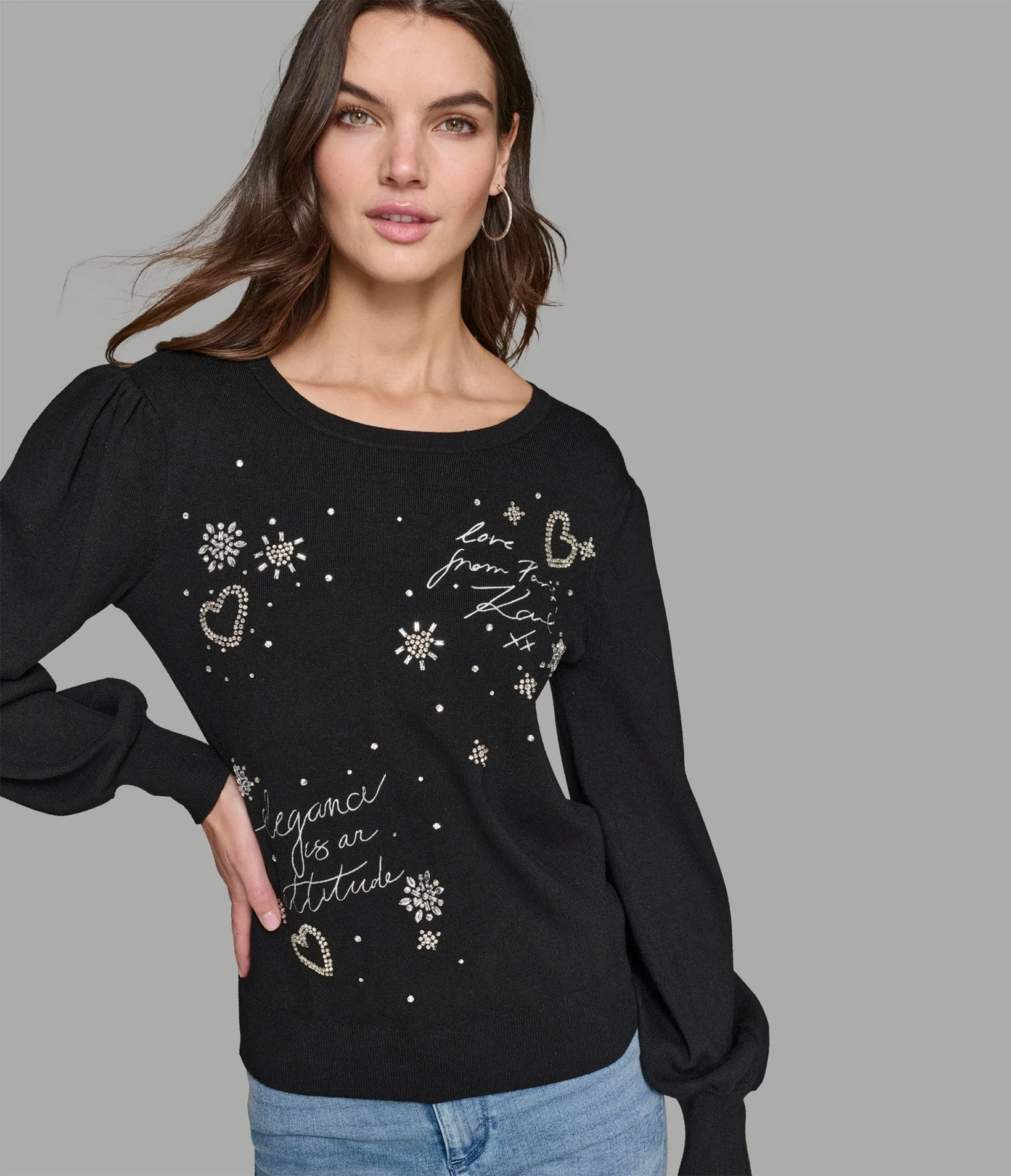 KARL SAYINGS EMBELLISED SWEATER sold by Karl Lagerfeld Paris