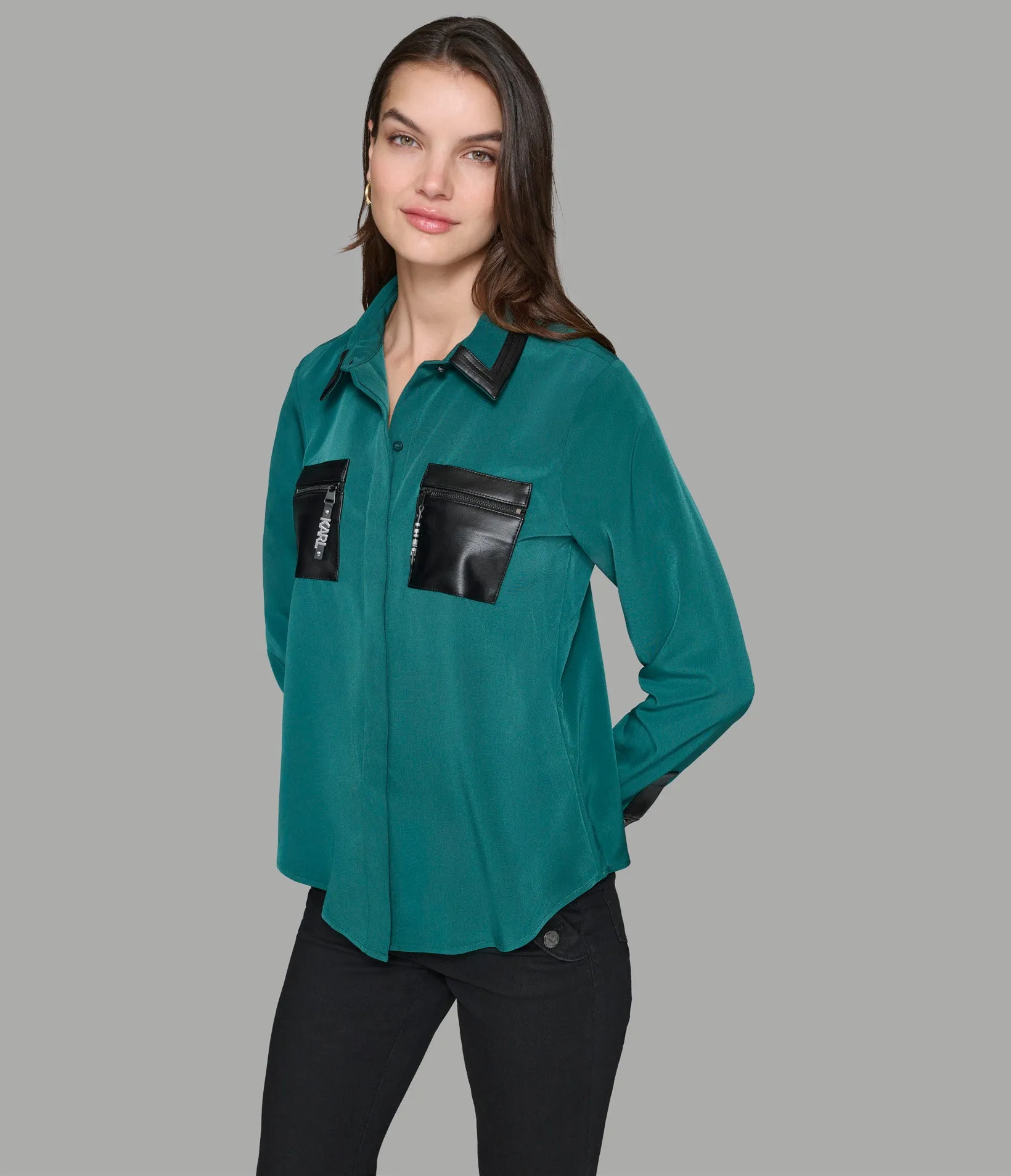 BUTTON UP BLOUSE WITH FAUX LEATHER TRIM sold by Karl Lagerfeld Paris