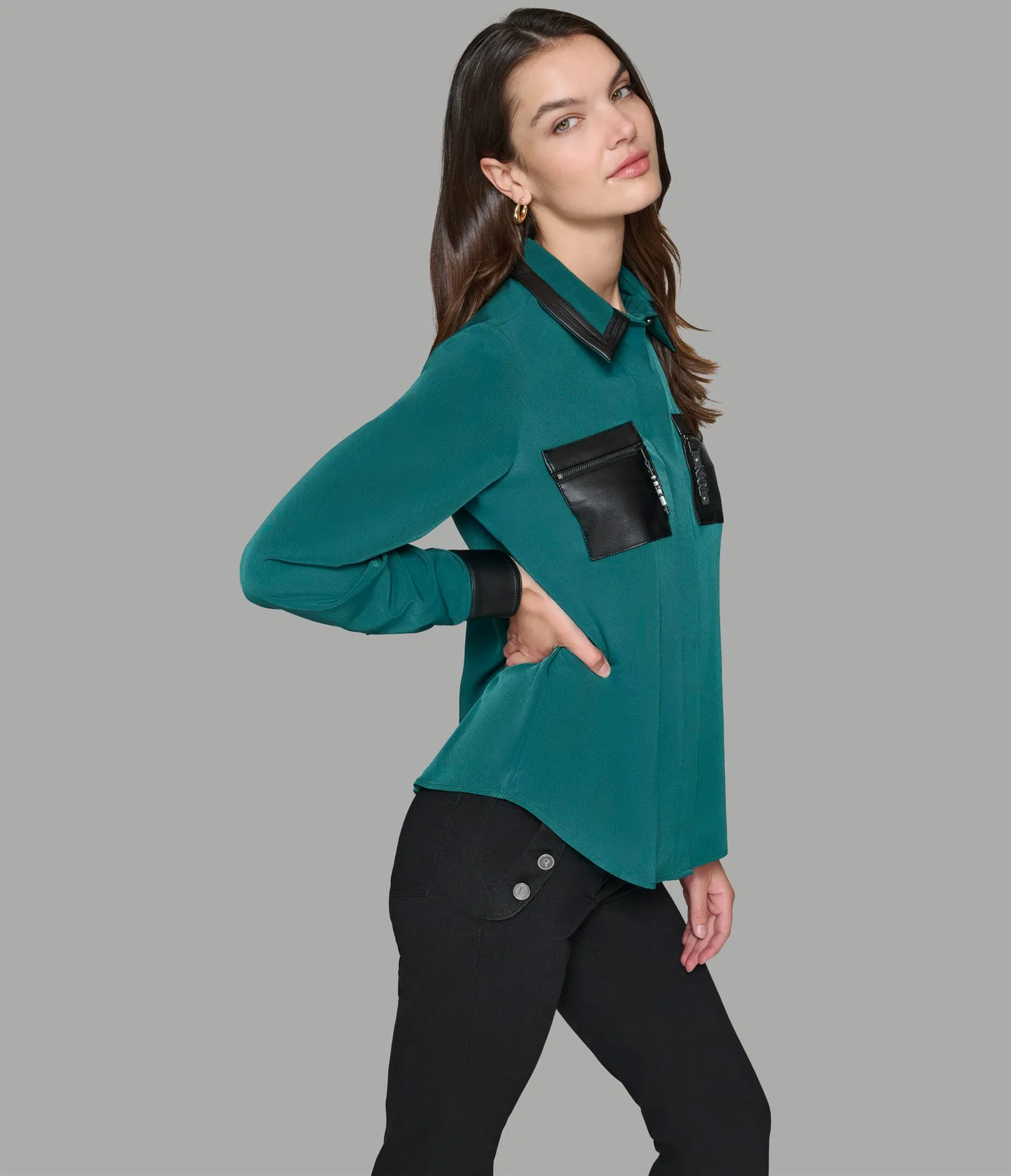 BUTTON UP BLOUSE WITH FAUX LEATHER TRIM sold by Karl Lagerfeld Paris product image thumbnail 3