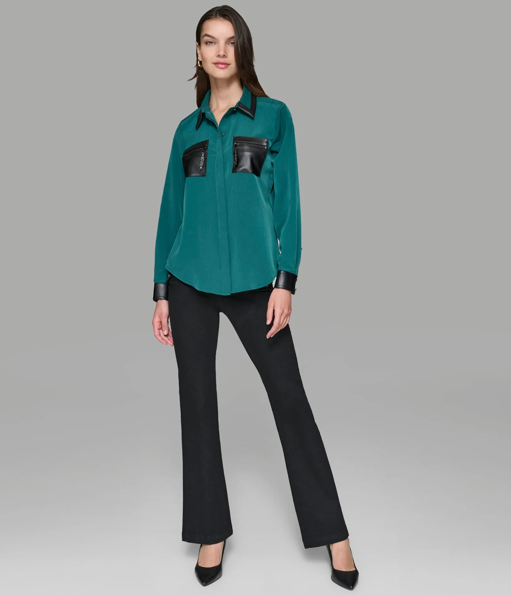 BUTTON UP BLOUSE WITH FAUX LEATHER TRIM sold by Karl Lagerfeld Paris product image thumbnail 5