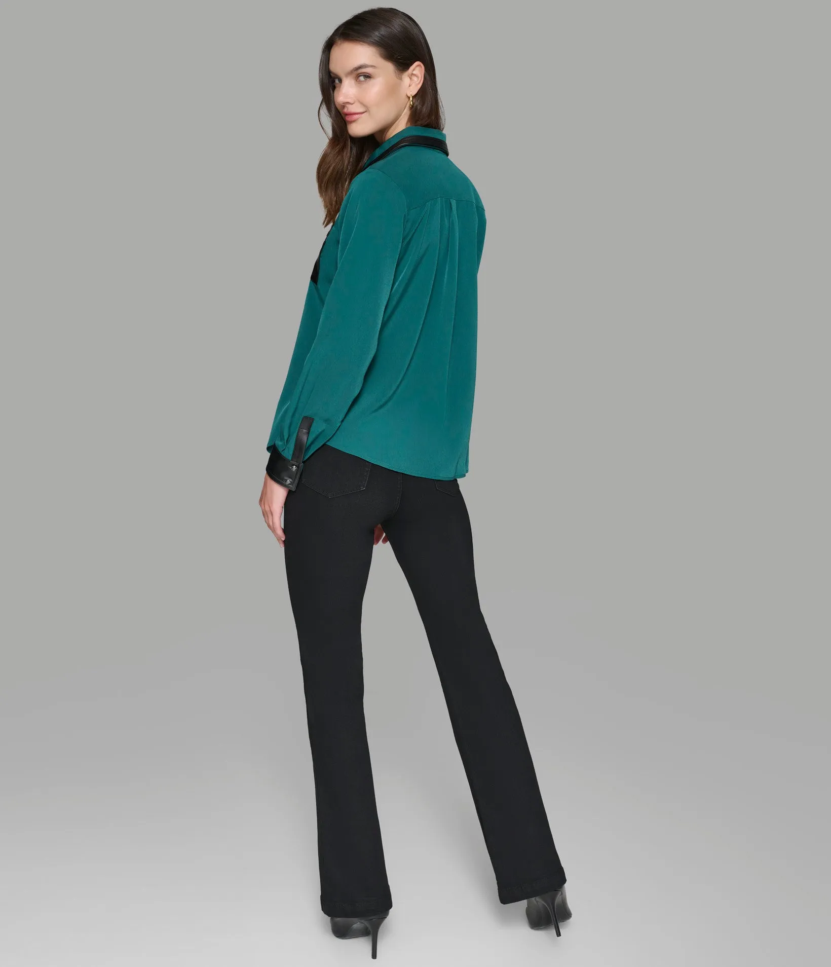 BUTTON UP BLOUSE WITH FAUX LEATHER TRIM sold by Karl Lagerfeld Paris product image thumbnail 2