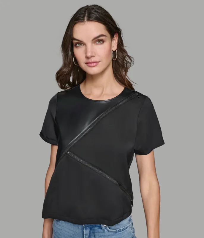 MIXED MEDIA ZIPPER SHORT SLEEVE KNIT sold by Karl Lagerfeld Paris