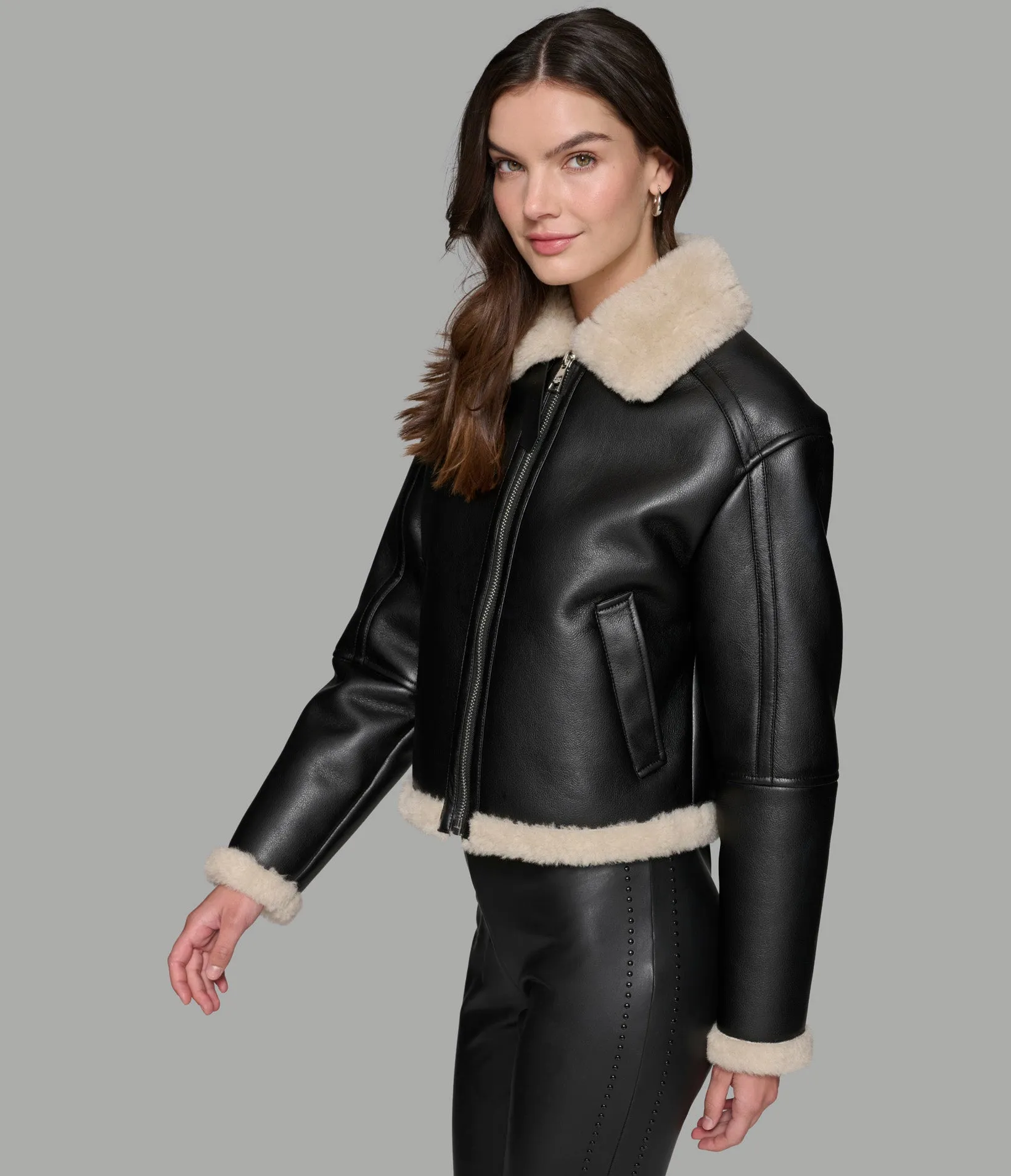 CROPPED FAUX LEATHER JACKET WITH FAUX SHEARLING sold by Karl Lagerfeld Paris product image thumbnail 4