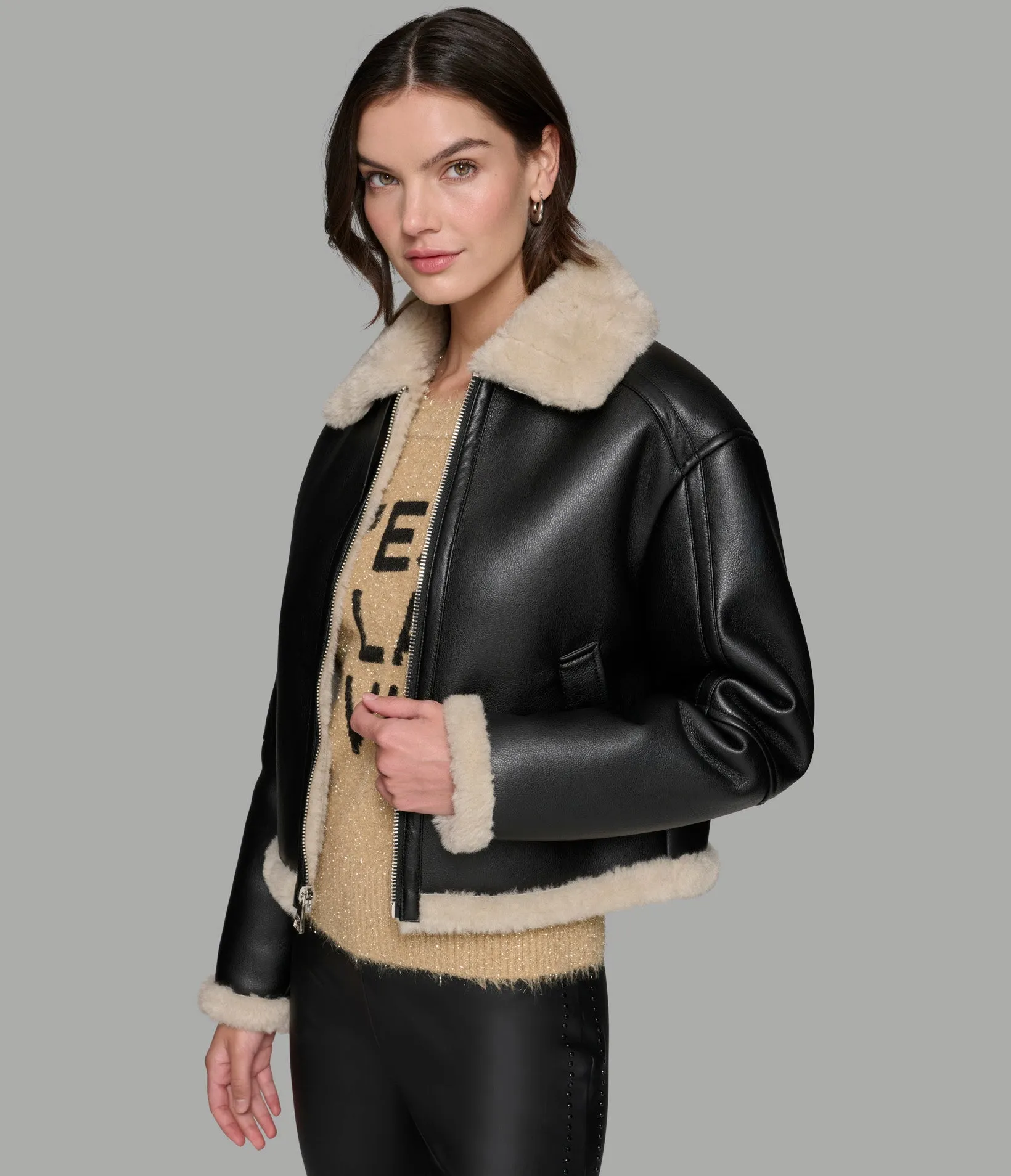 CROPPED FAUX LEATHER JACKET WITH FAUX SHEARLING sold by Karl Lagerfeld Paris