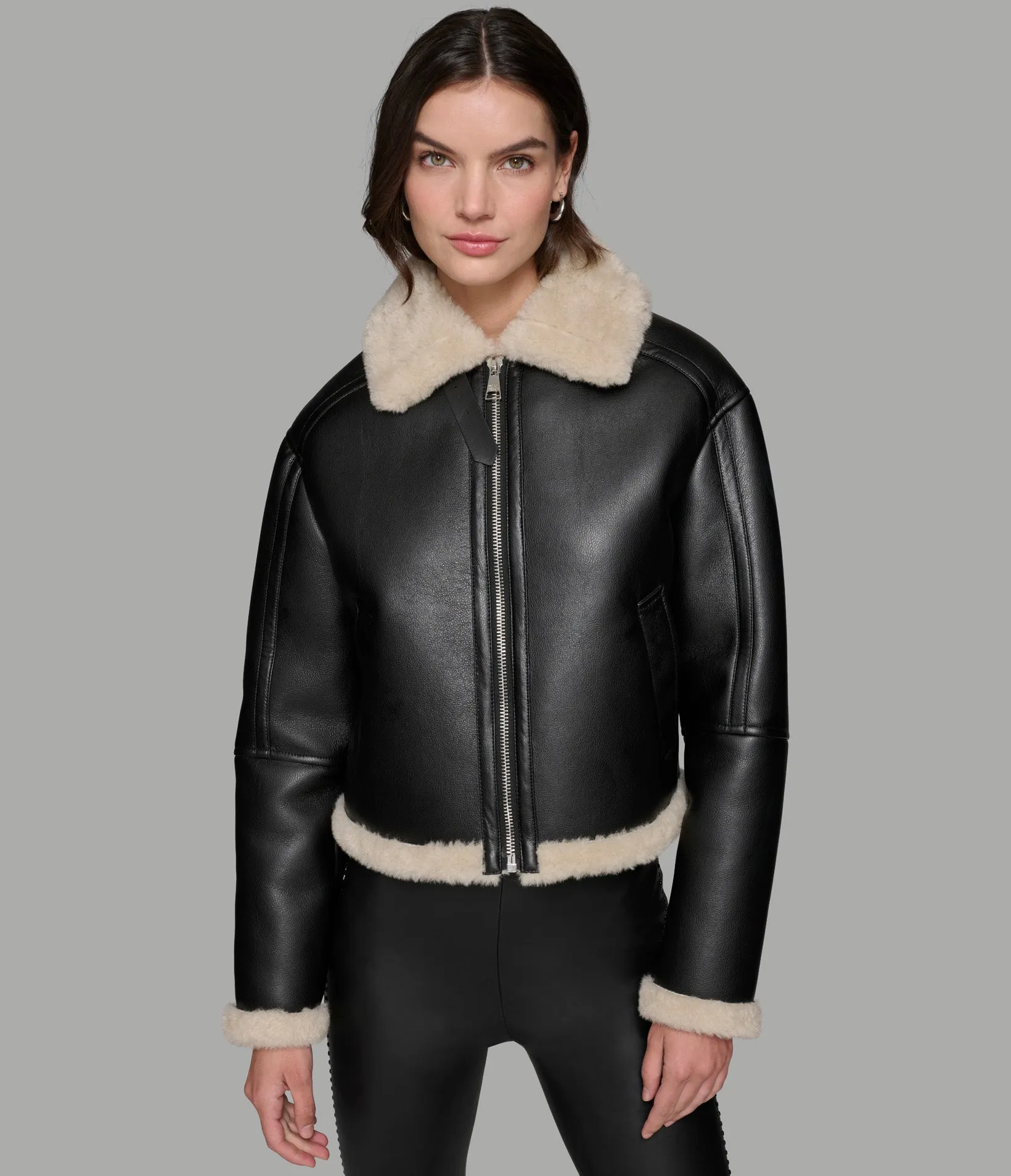 CROPPED FAUX LEATHER JACKET WITH FAUX SHEARLING sold by Karl Lagerfeld Paris product image thumbnail 3