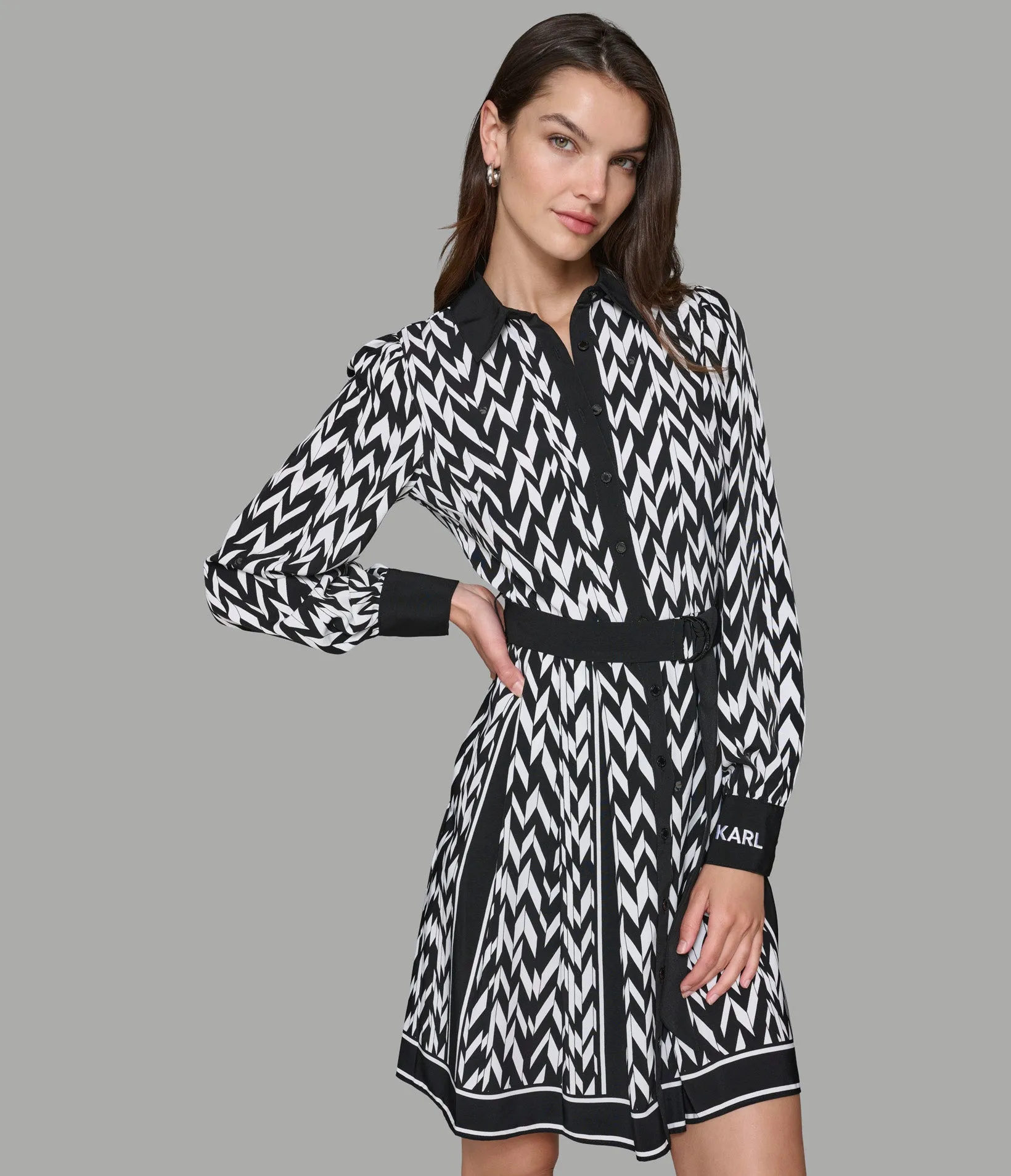 HERRINGBONE BELTED SHIRT DRESS sold by Karl Lagerfeld Paris
