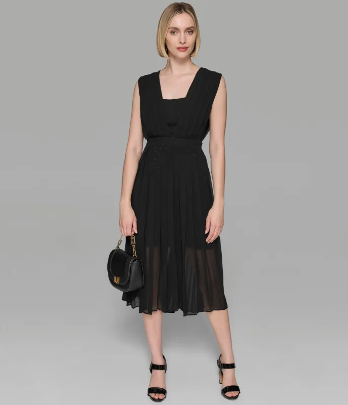 SLEEVELESS EMBELLISHED PLEATED DRESS sold by Karl Lagerfeld Paris