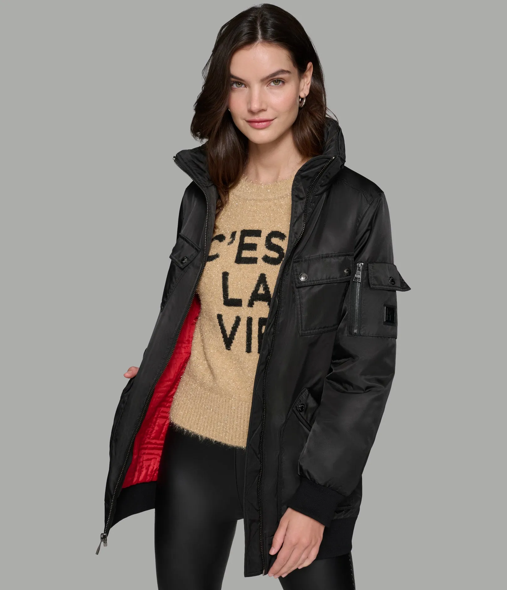 LONG BOMBER JACKET WITH HIDDEN HOOD sold by Karl Lagerfeld Paris