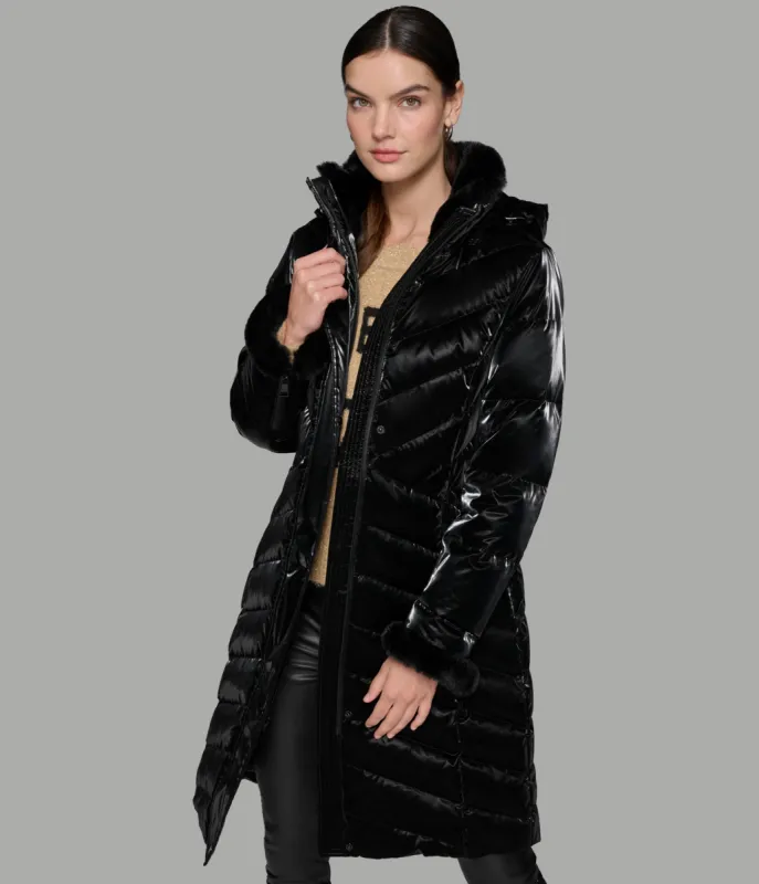 LONG LIQUID PUFFER WITH FUR TRIM sold by Karl Lagerfeld Paris