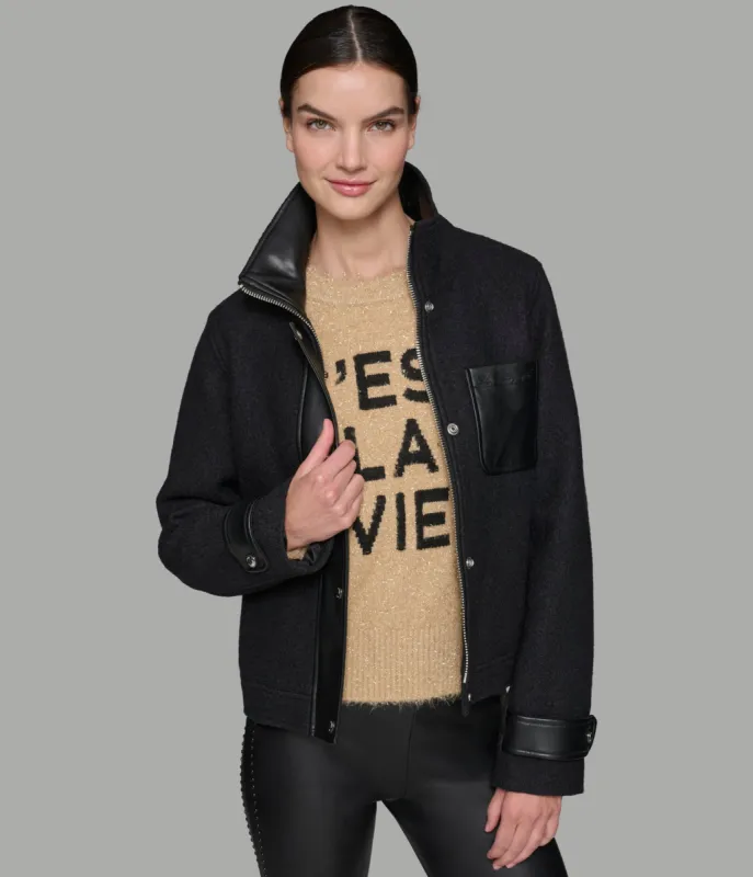 CROPPED WOOL JACKET WITH PU DETAILS sold by Karl Lagerfeld Paris