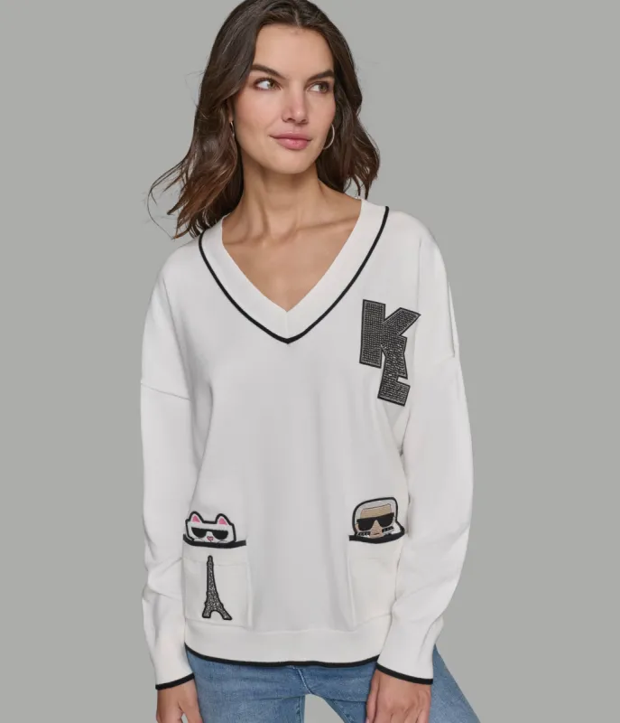 WHIMSY VARSITY SWEATER WITH POCKETS sold by Karl Lagerfeld Paris