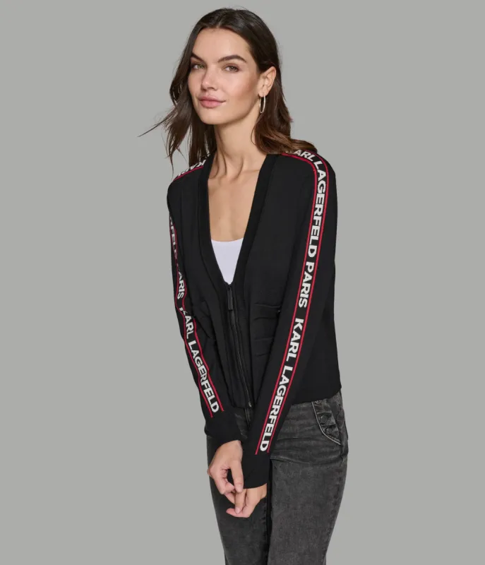 ZIP FRONT CARDIGAN WITH LOGO TAPING sold by Karl Lagerfeld Paris