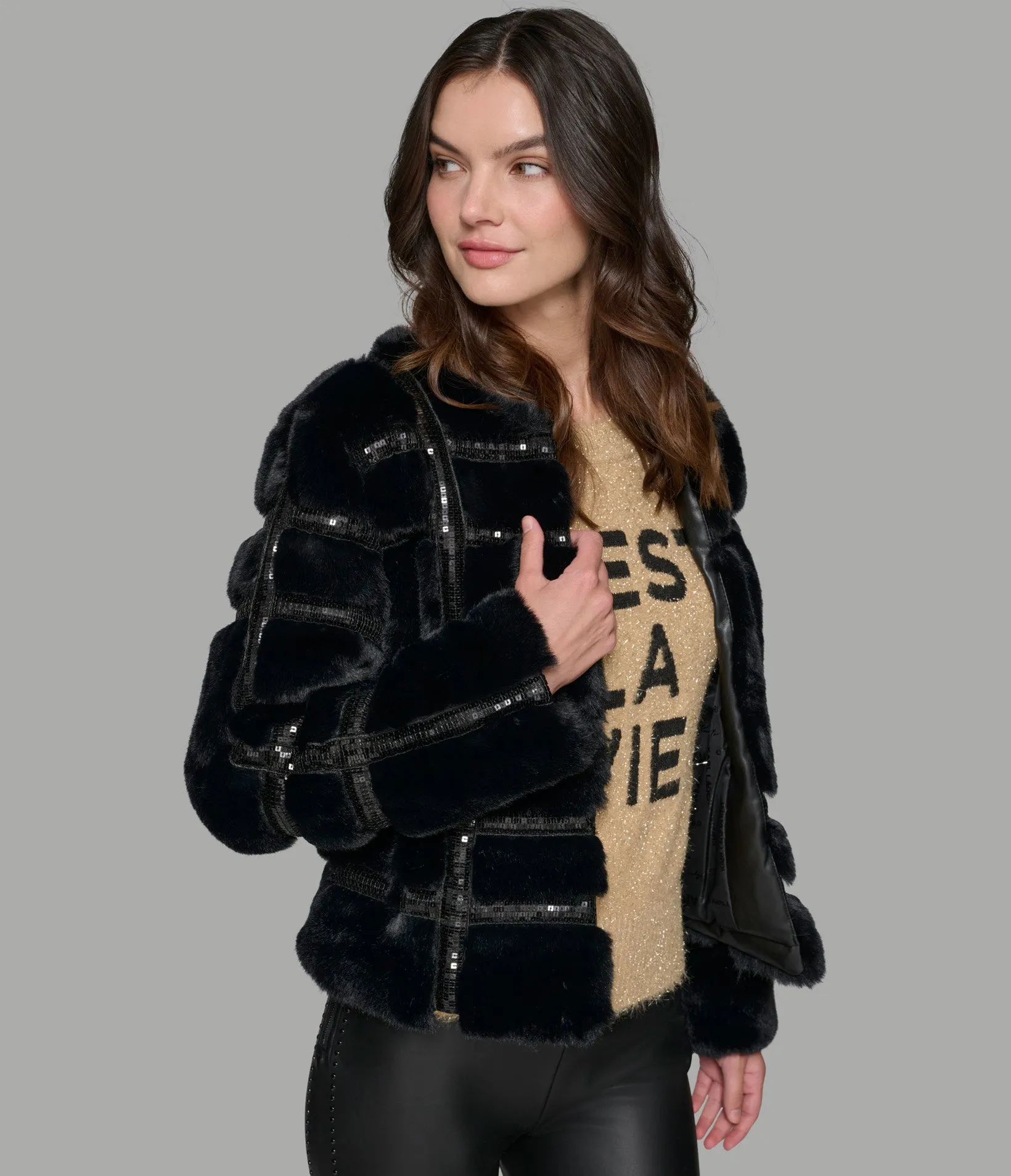 SEQUIN TRIMMED FAUX FUR COAT sold by Karl Lagerfeld Paris