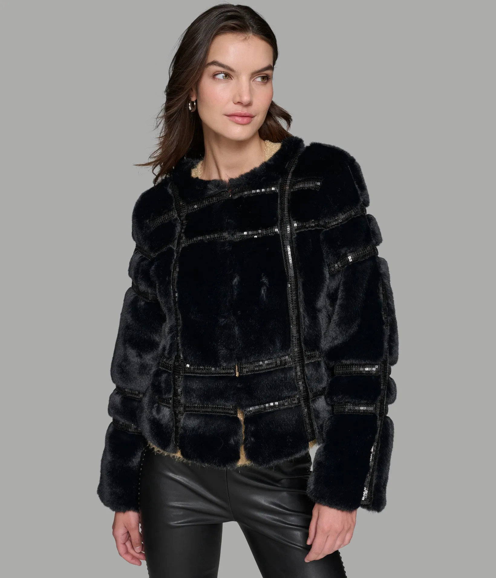 SEQUIN TRIMMED FAUX FUR COAT sold by Karl Lagerfeld Paris product image thumbnail 5