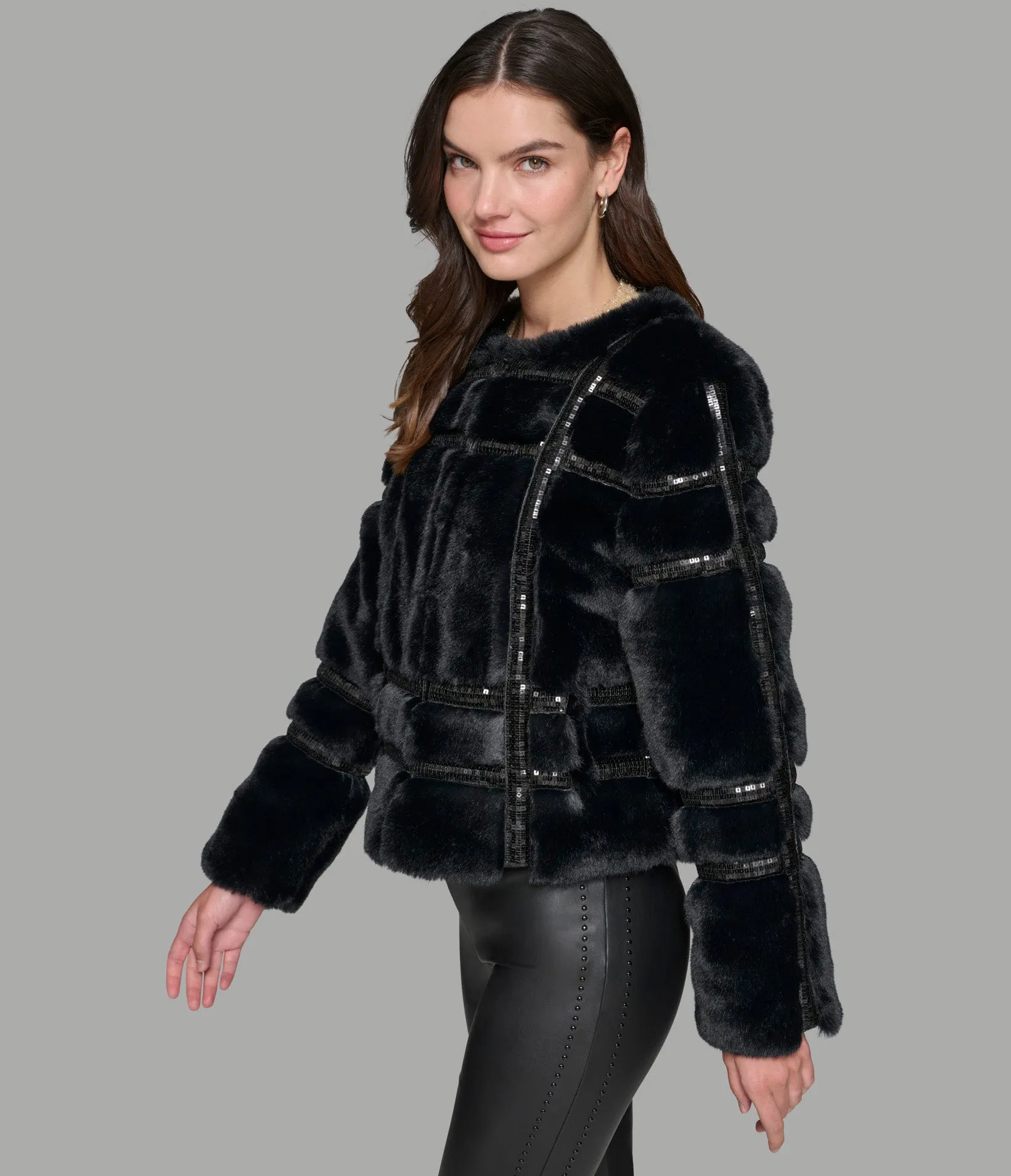 SEQUIN TRIMMED FAUX FUR COAT sold by Karl Lagerfeld Paris product image thumbnail 4