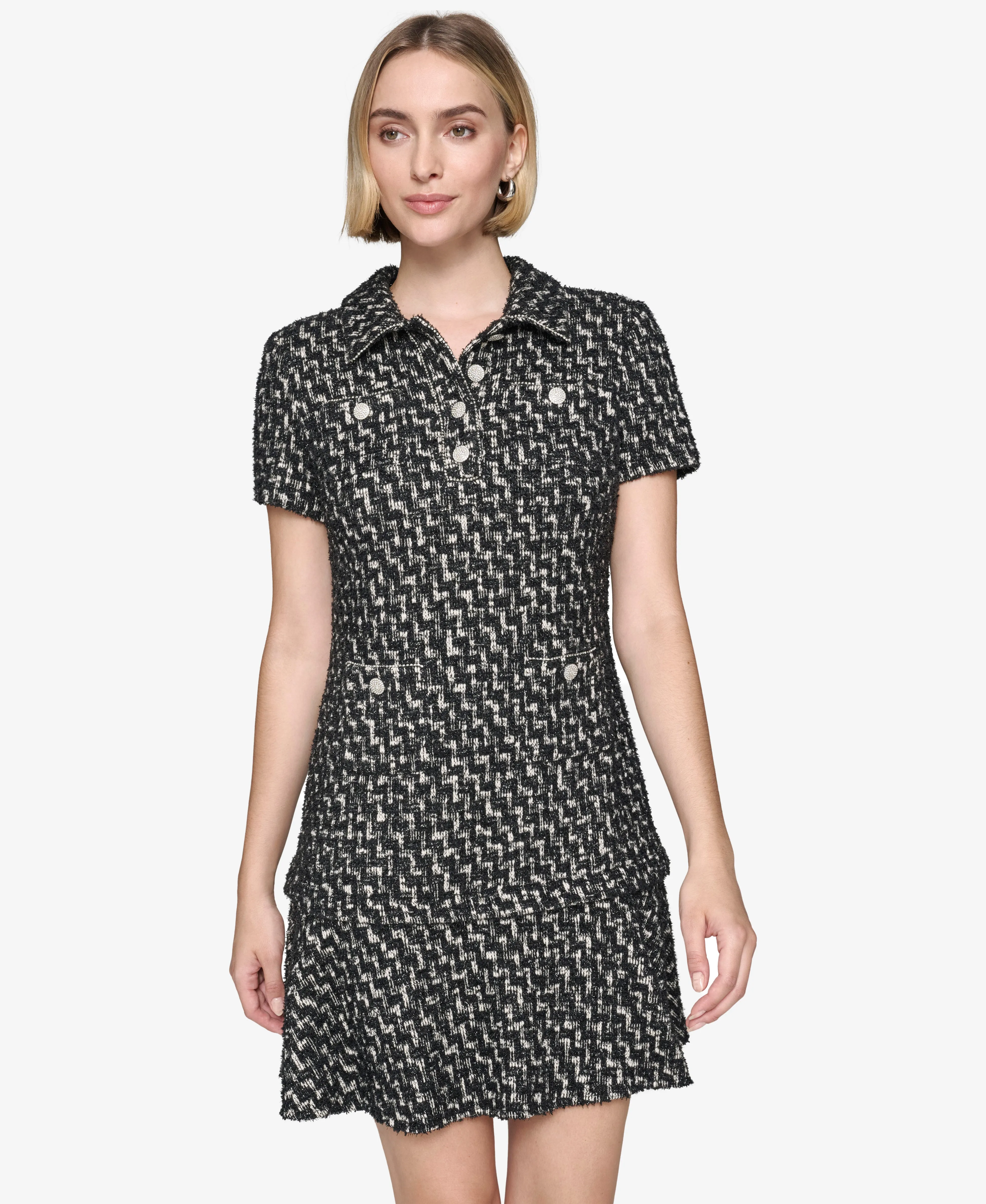 SHORT SLEEVE METALLIC TWEED A-LINE DRESS sold by Karl Lagerfeld Paris