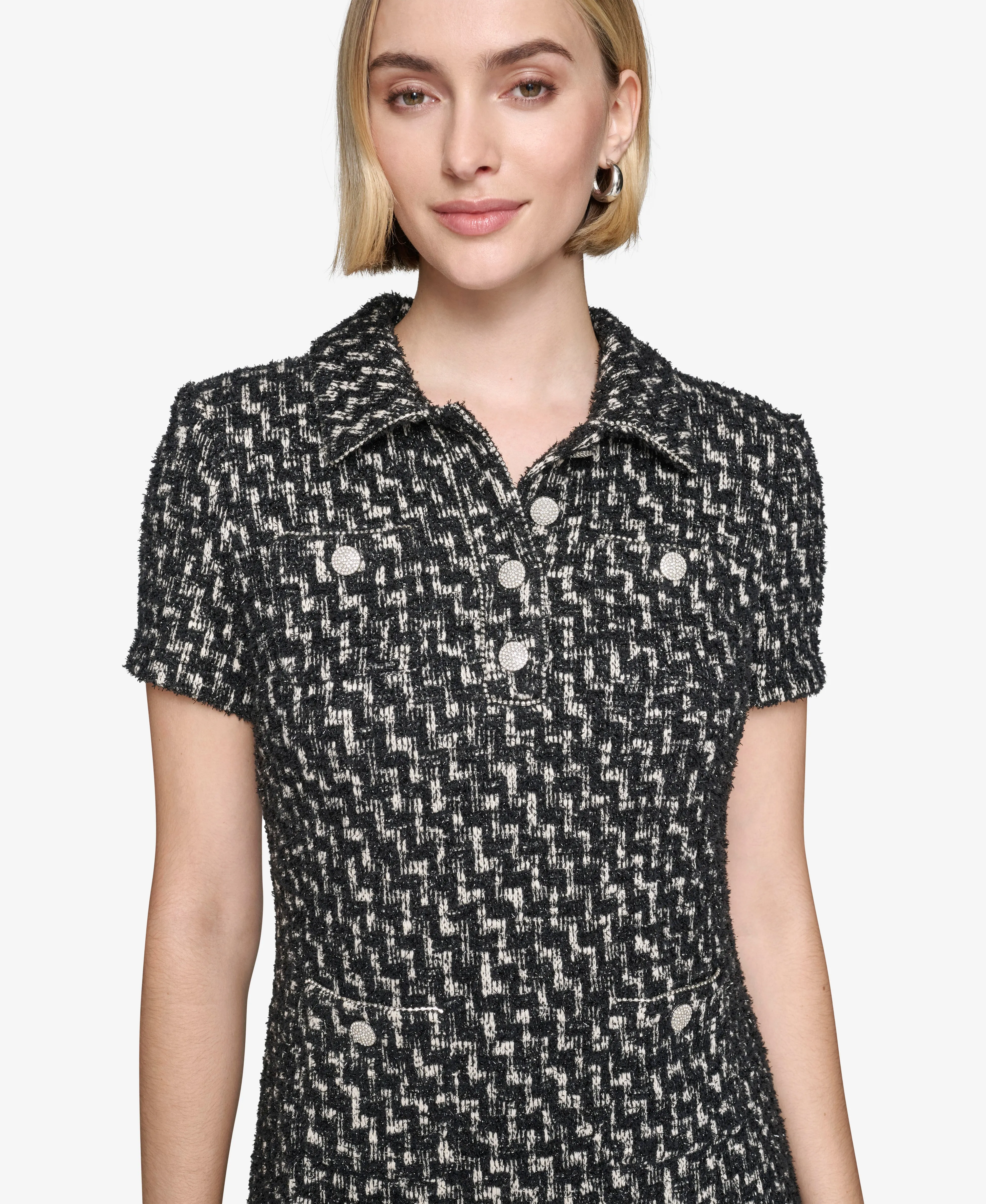 SHORT SLEEVE METALLIC TWEED A-LINE DRESS sold by Karl Lagerfeld Paris product image thumbnail 4