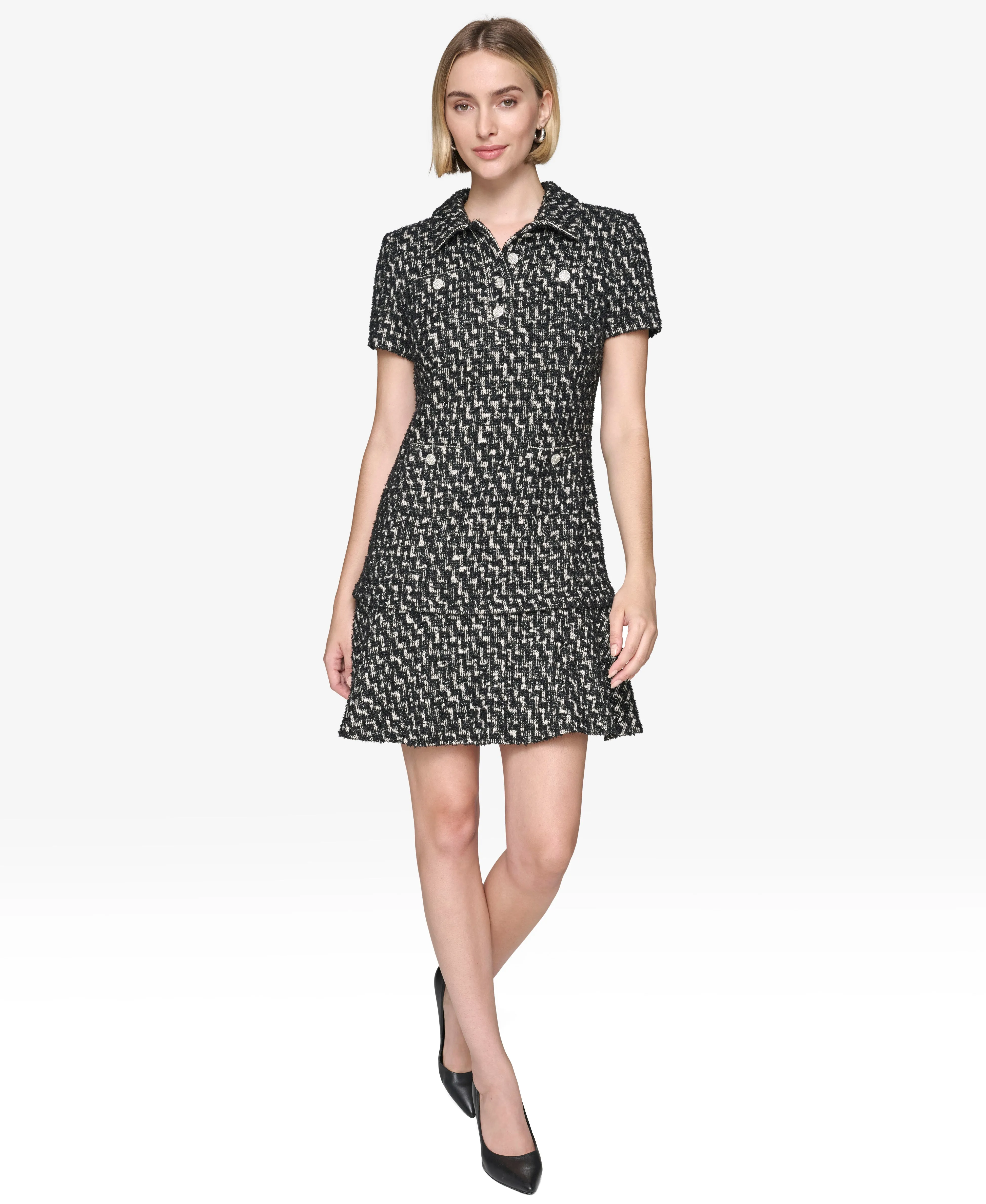 SHORT SLEEVE METALLIC TWEED A-LINE DRESS sold by Karl Lagerfeld Paris product image thumbnail 5