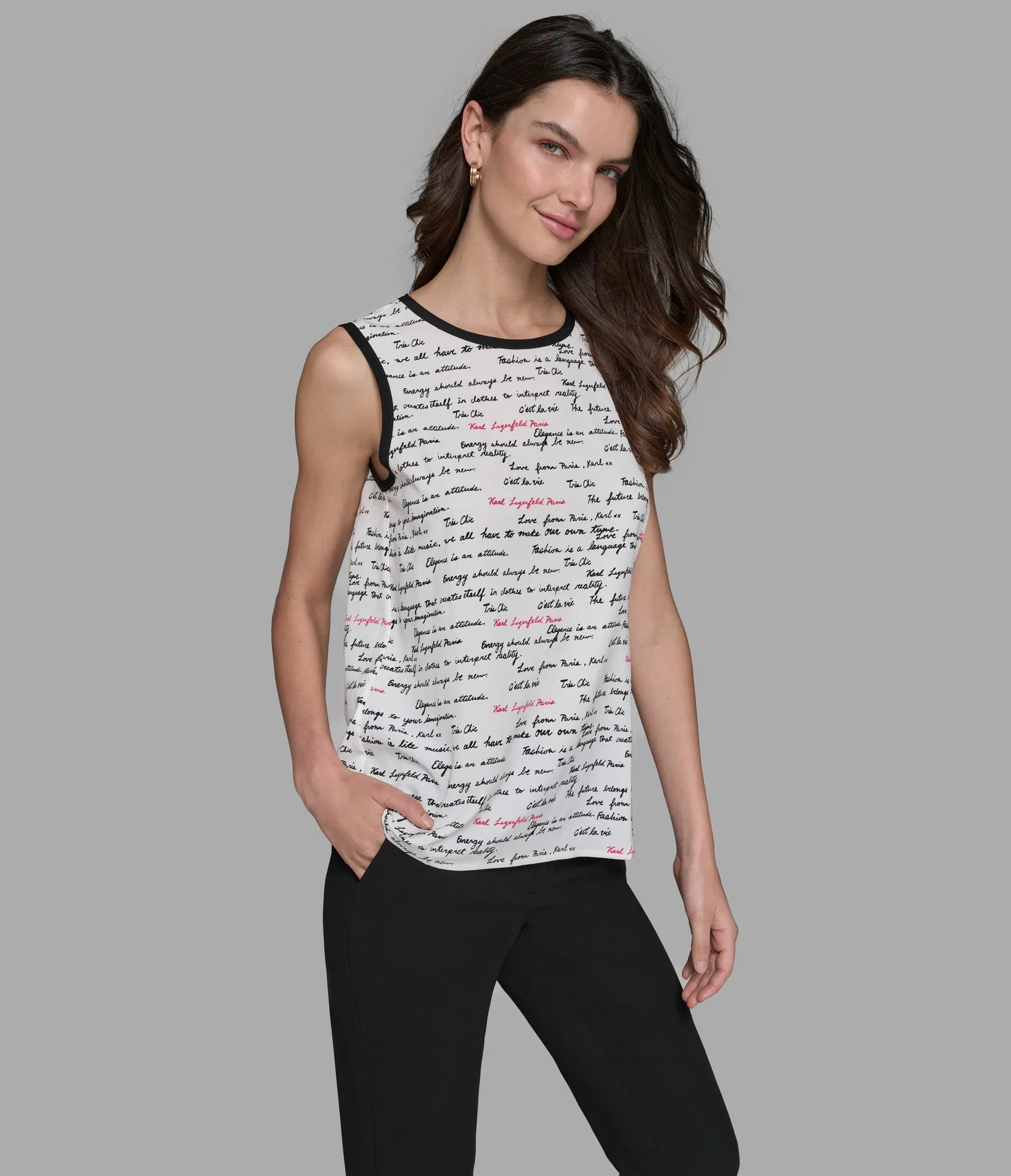 PRINTED SAYINGS SLEEVELESS WOVEN TOP sold by Karl Lagerfeld Paris product image thumbnail 3