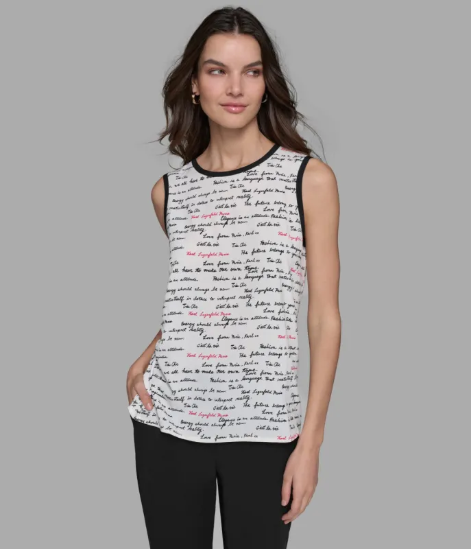 PRINTED SAYINGS SLEEVELESS WOVEN TOP sold by Karl Lagerfeld Paris