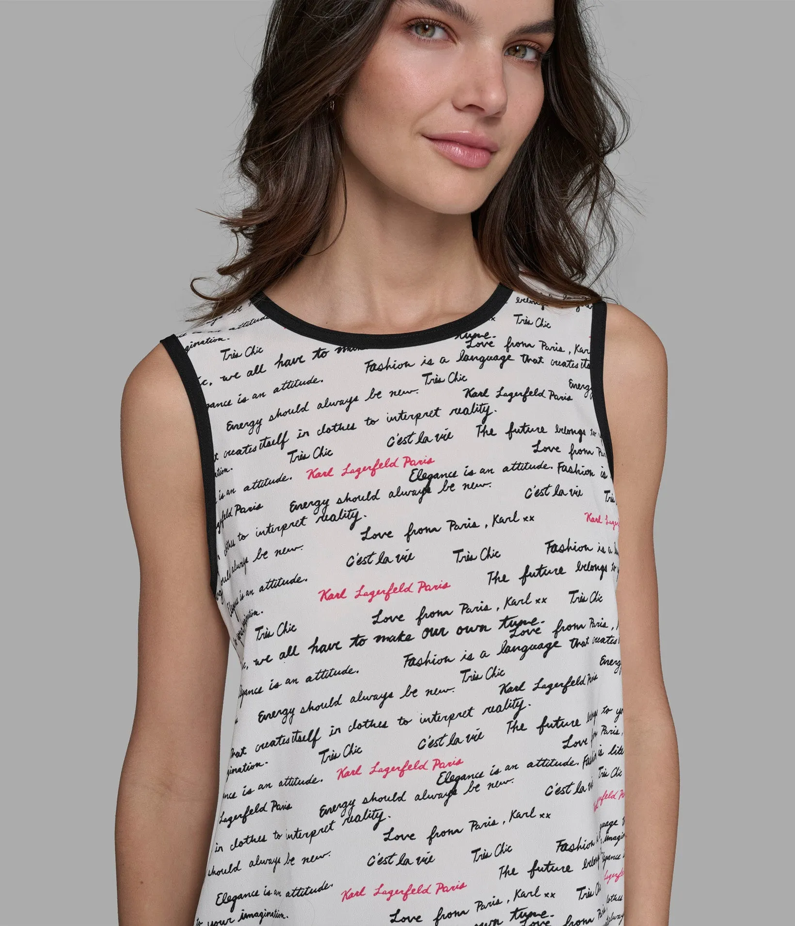 PRINTED SAYINGS SLEEVELESS WOVEN TOP sold by Karl Lagerfeld Paris product image thumbnail 5