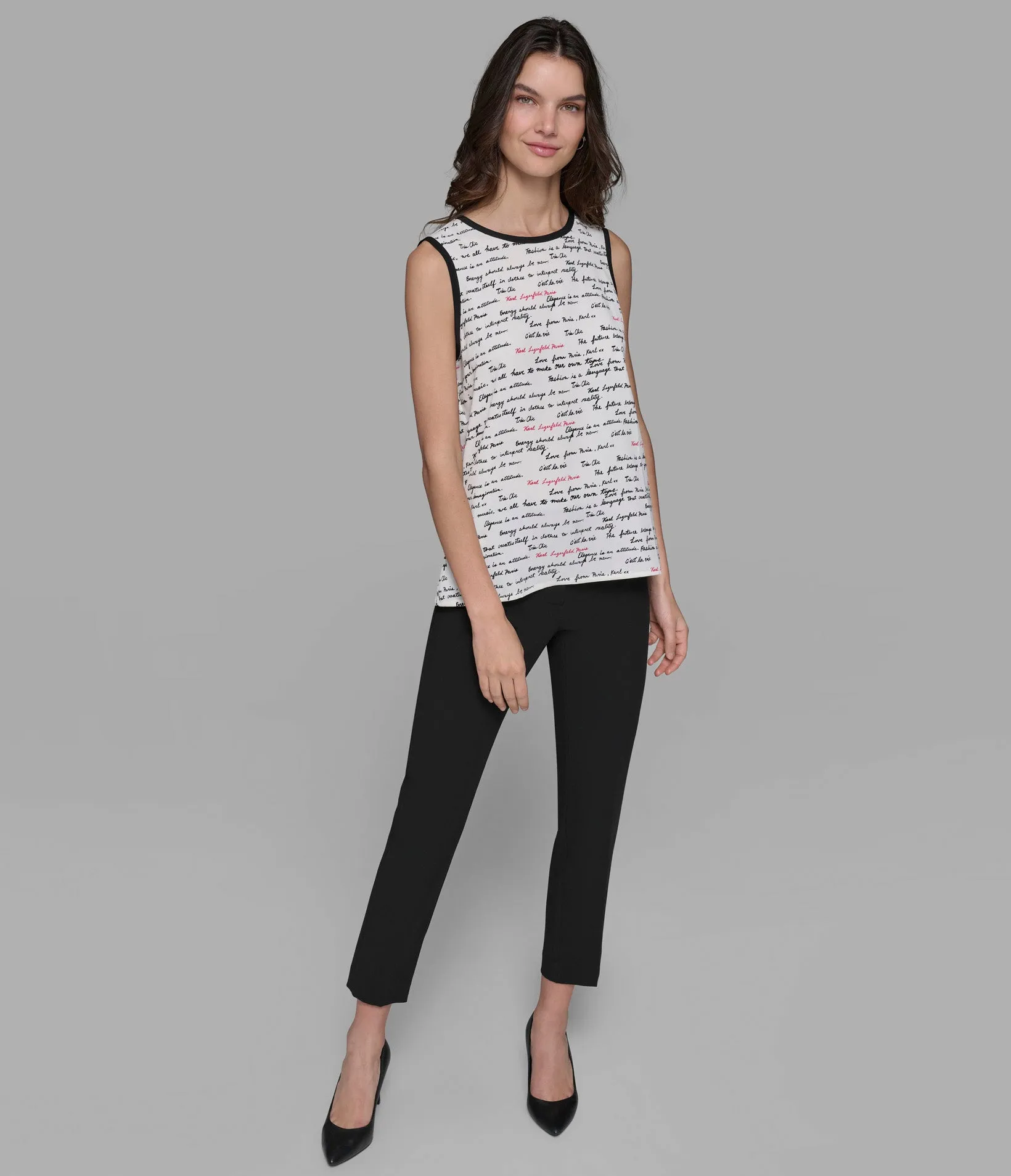PRINTED SAYINGS SLEEVELESS WOVEN TOP sold by Karl Lagerfeld Paris product image thumbnail 4
