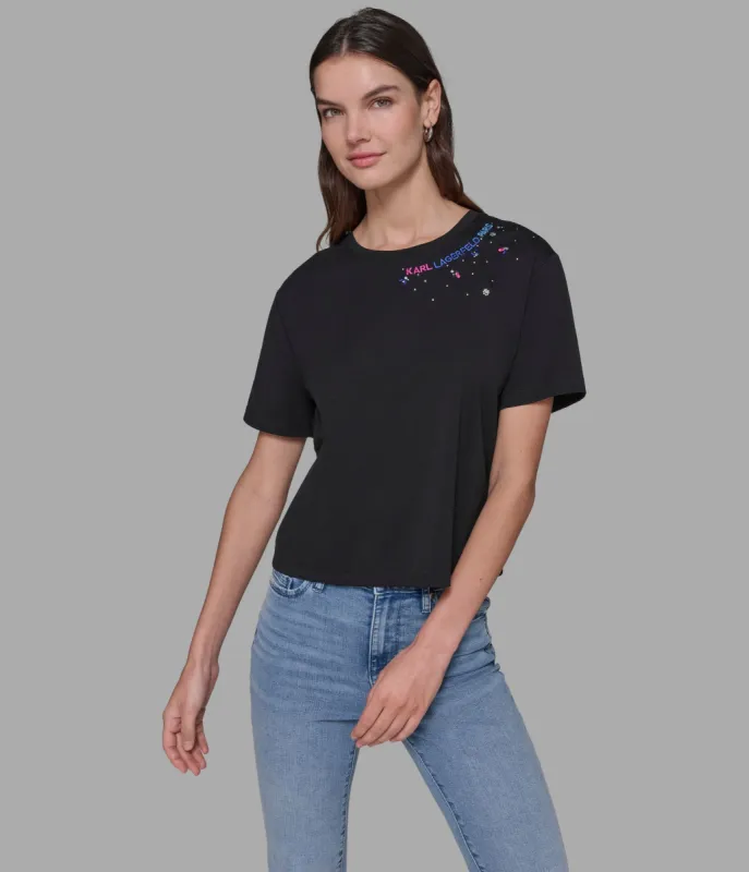 EMBELLISHED NECKLINE LOGO TEE sold by Karl Lagerfeld Paris
